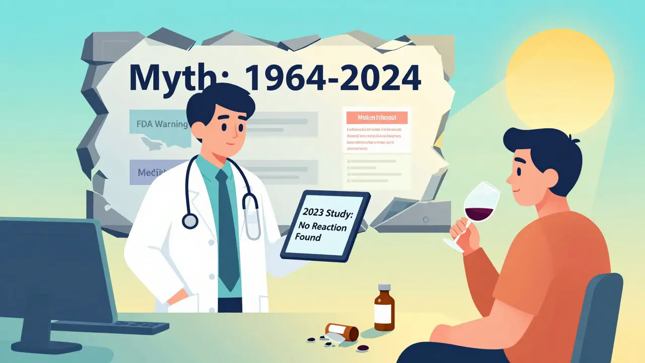 Modern doctor shows study results while a myth wall crumbles, patient drinks wine calmly under a rising sun in gradient style.
