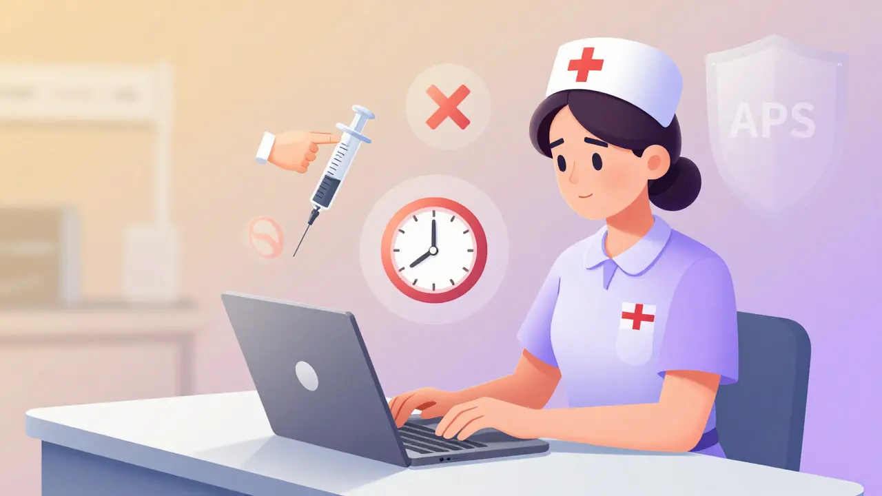 Nurse filing a report with icons representing elder abuse, drug misuse, and time pressure.