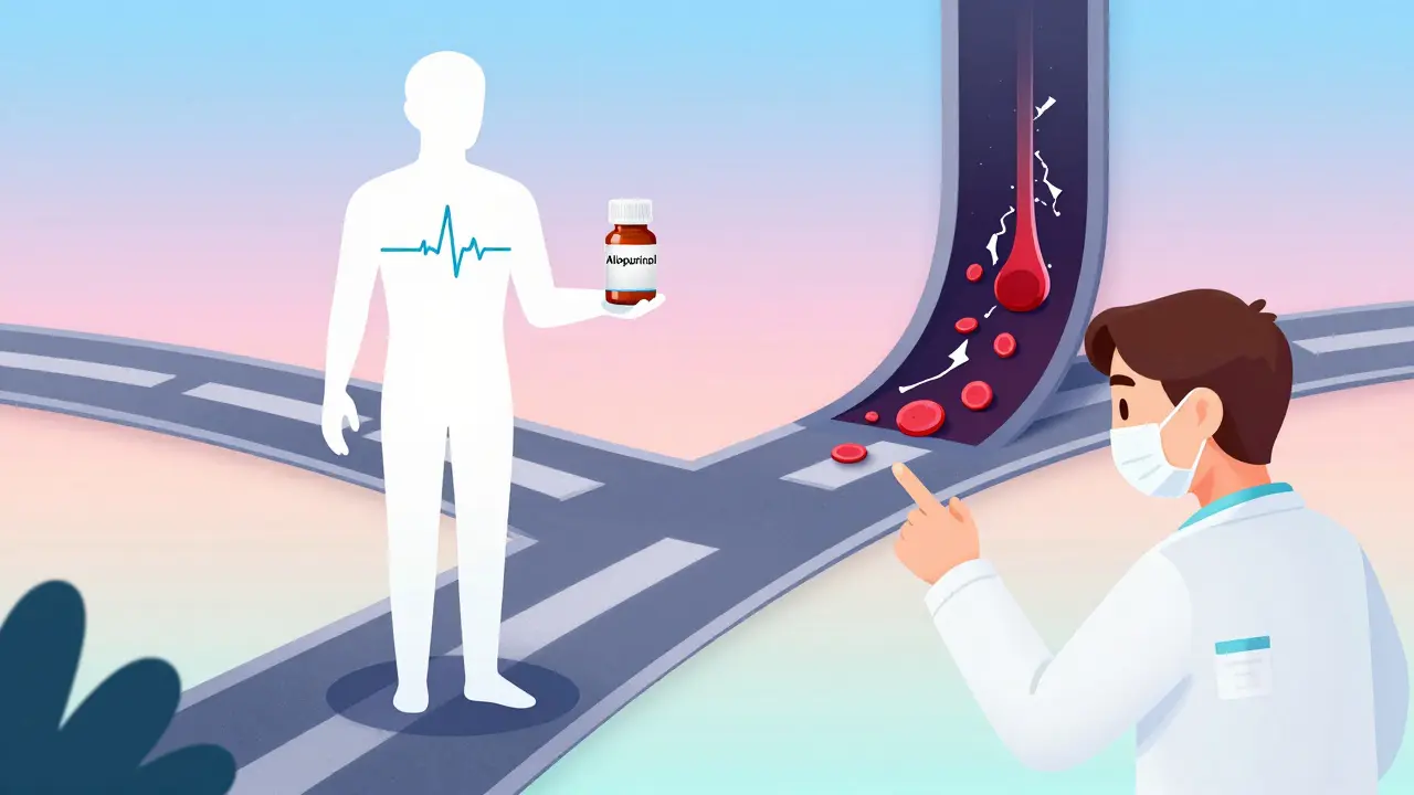 Patient at a crossroads choosing between safe and dangerous medication paths.