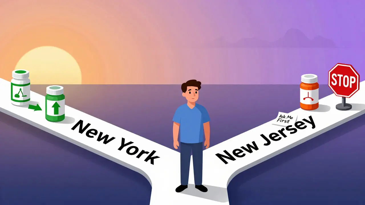 Patient at a crossroads labeled New York and New Jersey, with different pill bottles and legal symbols on each path.