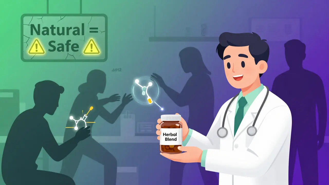 Patient giving herbal supplement to doctor while invisible enzymes block medication effectiveness in the background.