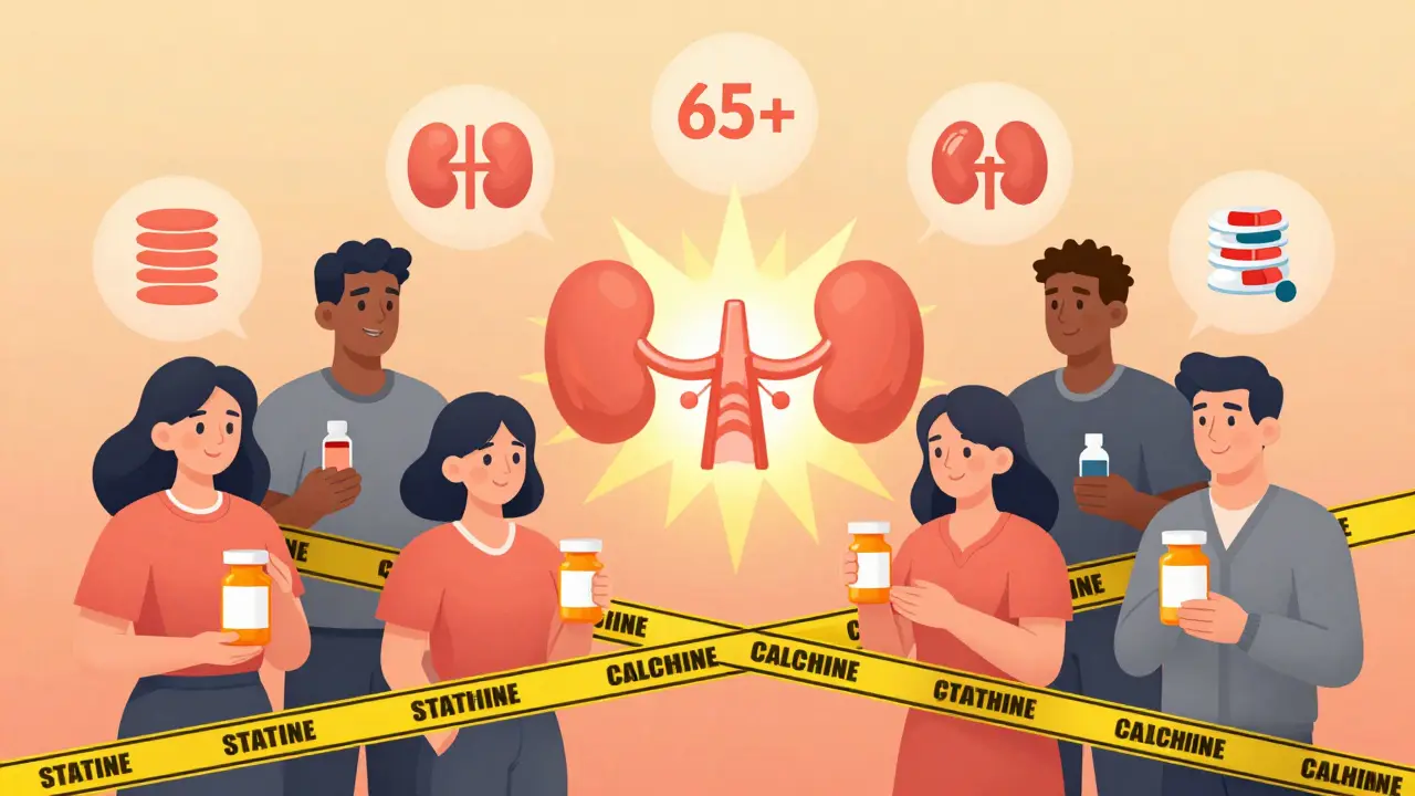 Patients hold pills connected by warning chains to a bursting muscle icon, illustrating high-risk medication combinations.