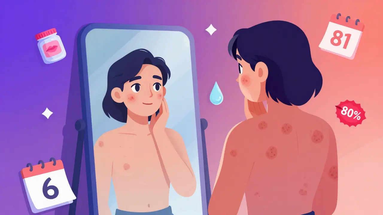 Person looking in mirror with clear reflection, fading acne scars behind them, symbols of dryness and treatment progress in gradient colors.