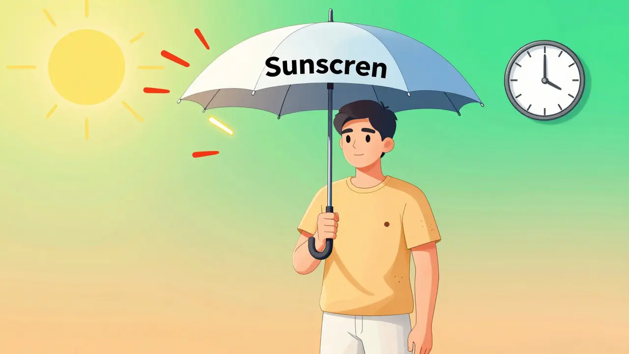 Person protected by sunscreen umbrella blocking harmful UV rays, with fading moles on skin.