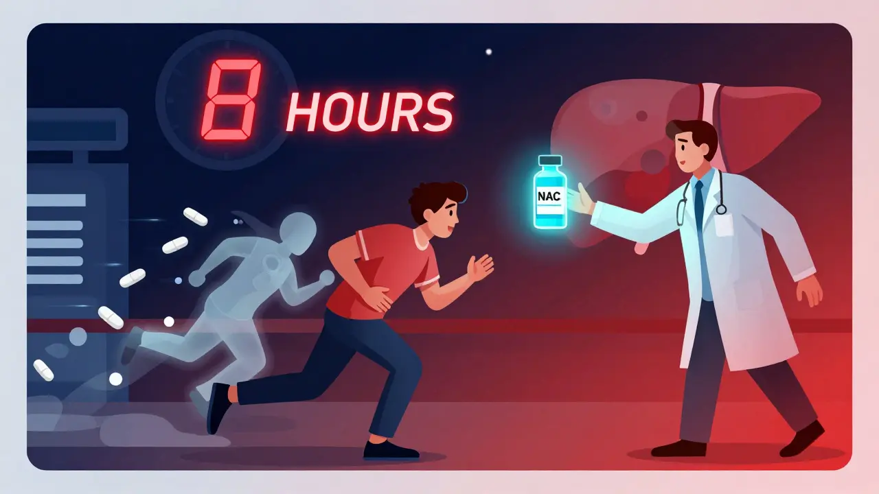 Person rushing to ER with floating pill trail and doctor holding NAC antidote, clock showing 8-hour window.