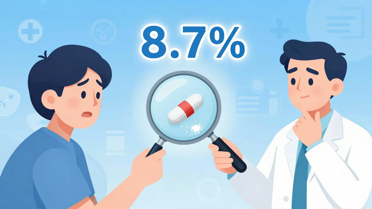 Pharmacist checking pill label for inactive ingredients causing allergy concerns