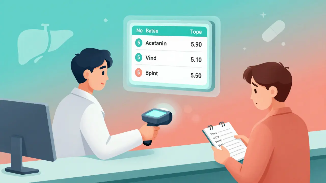 Pharmacist scanning medication barcodes while a digital display tracks cumulative acetaminophen dosage.