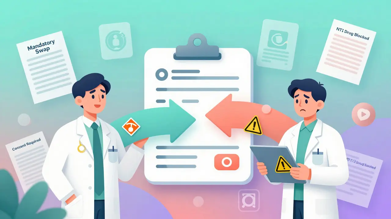 Pharmacist surrounded by legal icons and prescription paths, one leading to a happy patient, the other to a concerned one, in gradient colors.