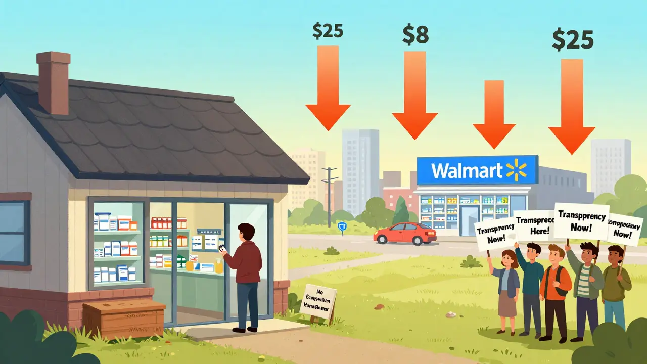 Rural pharmacy with  price tag versus city Walmart at , arrows showing price drop, advocates holding 'Transparency Now!' signs.