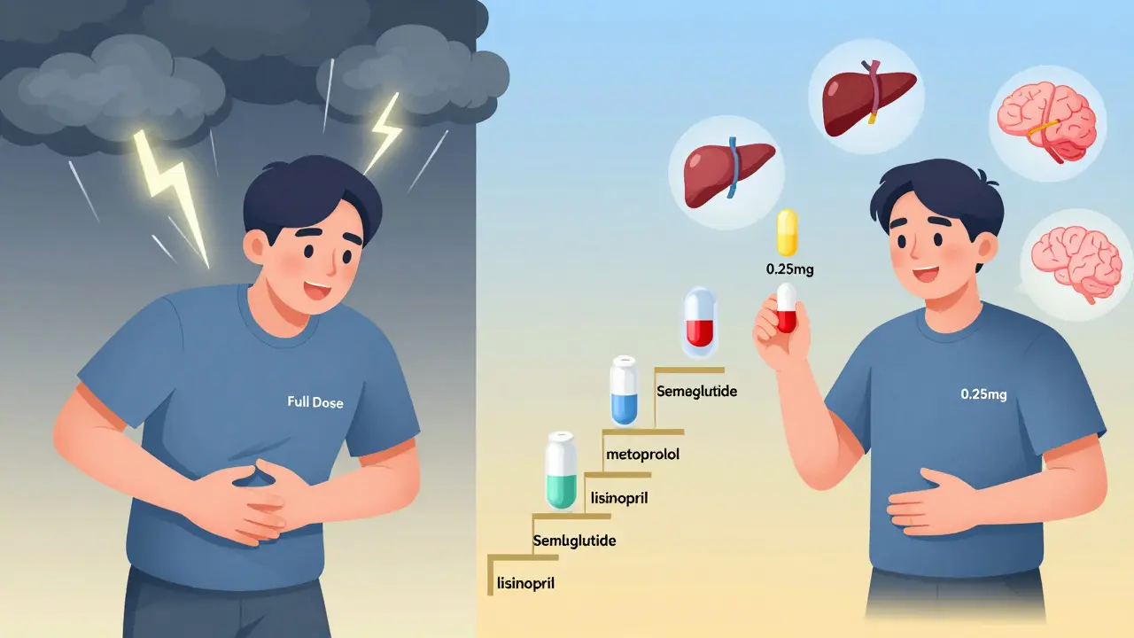 Split illustration: chaotic full-dose reaction vs. calm gradual titration with rising pill steps.