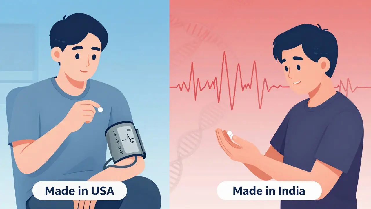 Split image: one side shows stable health with a US-made generic pill, the other shows unstable health with an Indian-made pill and DNA contaminants.