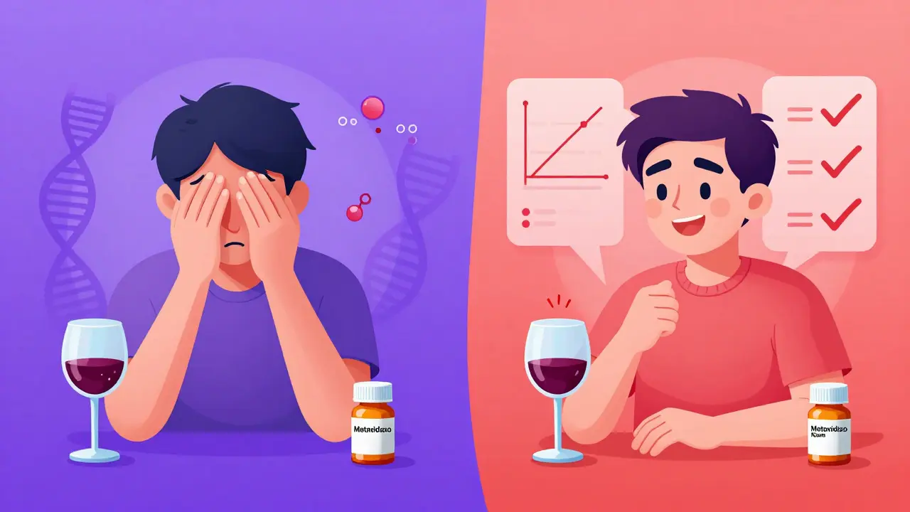 Split scene: one patient sick with alcohol and metronidazole, another calm with scientific evidence proving no reaction.