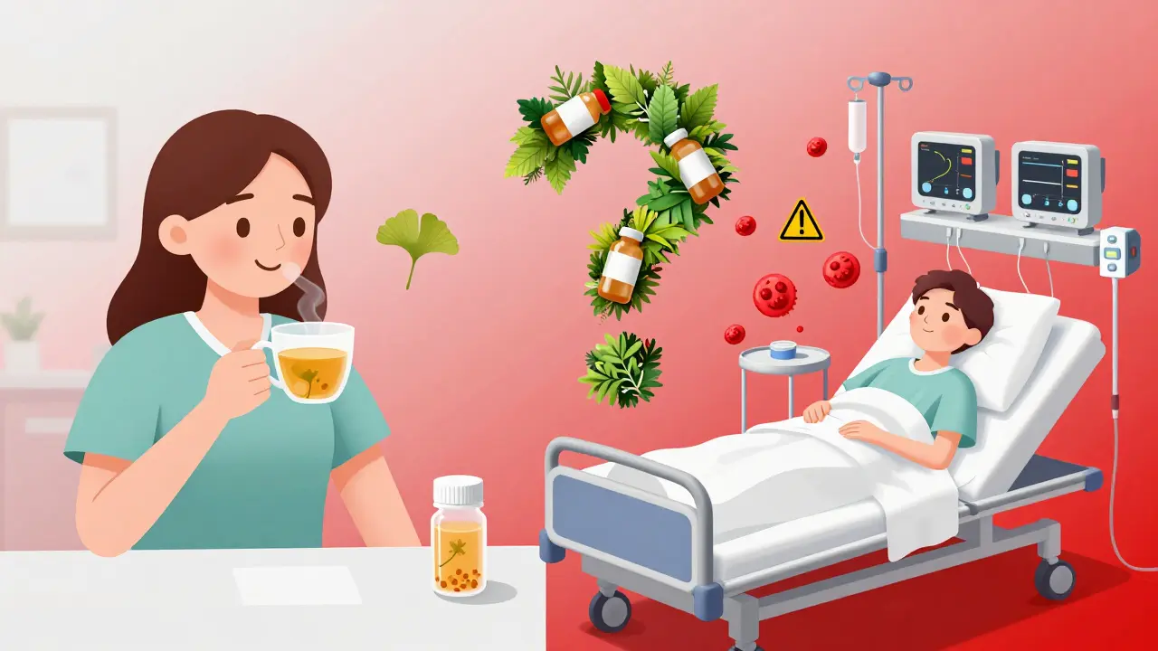 Split scene: peaceful herbal tea drinker versus ER patient, with warning symbols between them representing herb-drug interactions.