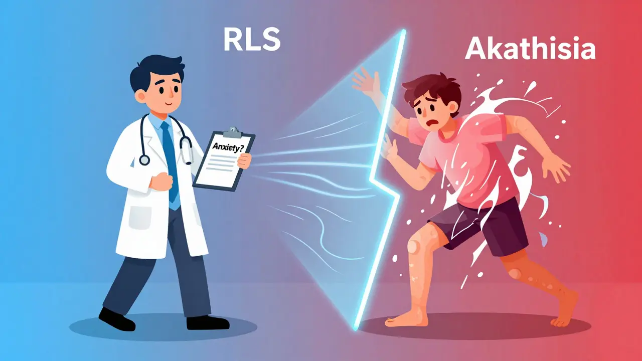 A doctor and patient side by side, with one side showing mild leg restlessness and the other showing violent inner turmoil from medication side effects.