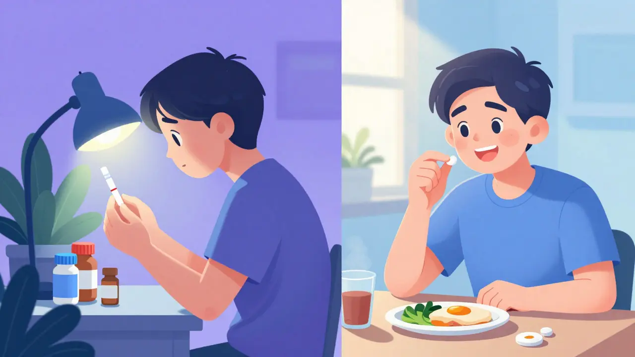 A patient comparing the stress of warfarin monitoring with the simplicity of taking a DOAC pill at breakfast.