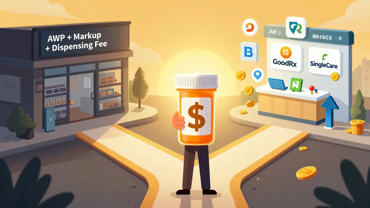 A person choosing between expensive retail pharmacy path and affordable online savings path.