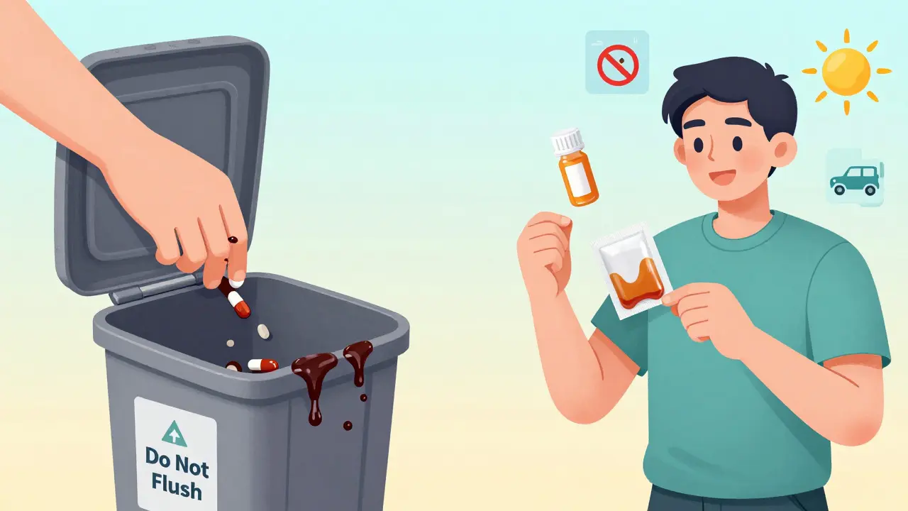A person discarding damaged pills and replacing them with a properly packaged prescription, surrounded by safe storage icons.