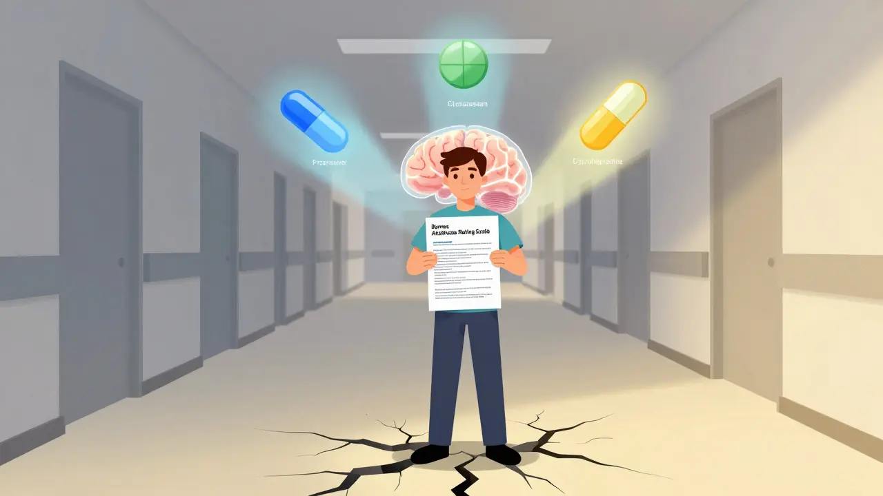 A person in a clinic holding a diagnostic scale, with a glowing brain and treatment options emitting light, symbolizing hope and recognition of akathisia.