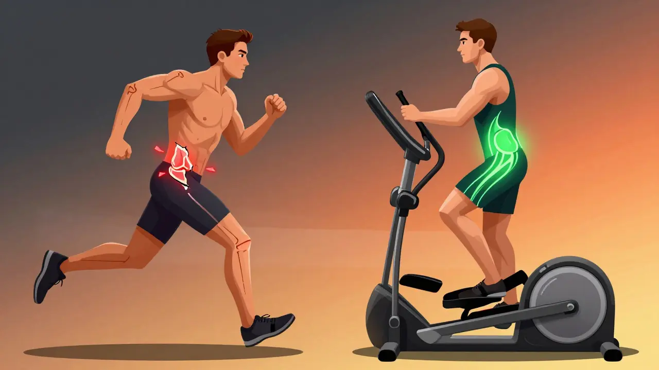 Athlete on elliptical with healthy hip joint vs. runner with damaged hip, showing impact differences.