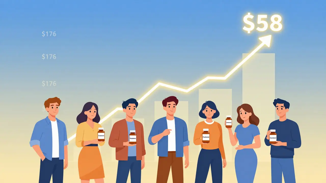 Diverse people holding medication bottles connected by a rising savings graph, symbolizing cost reduction.