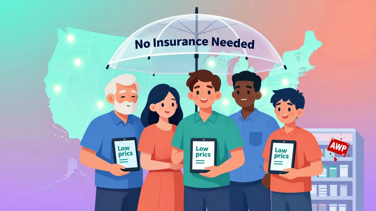 Diverse people using apps to save on medications under a transparent umbrella labeled 'No Insurance Needed'.