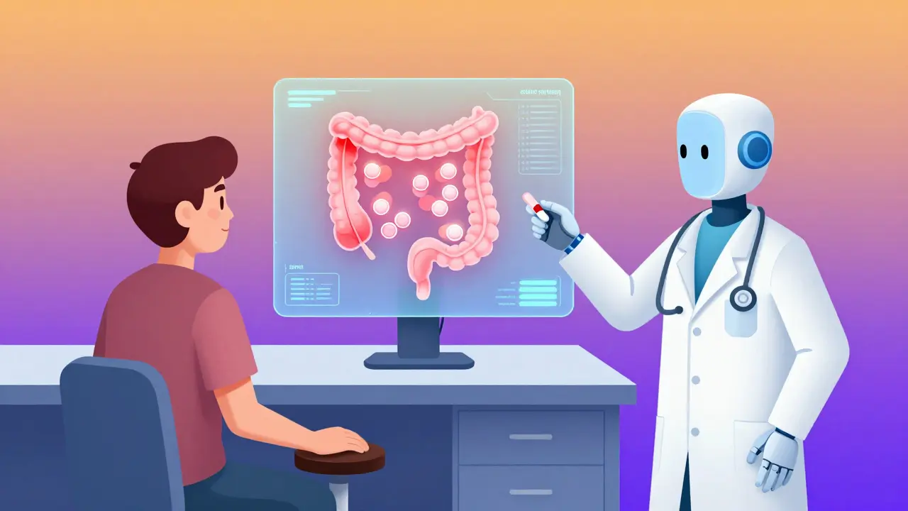 Doctor using a holographic gut map to prescribe a targeted probiotic for drug metabolism