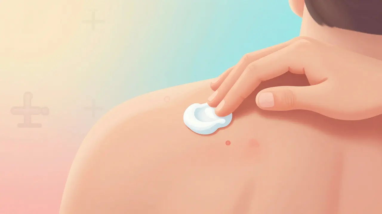 Hand applying topical treatment to back acne lesions