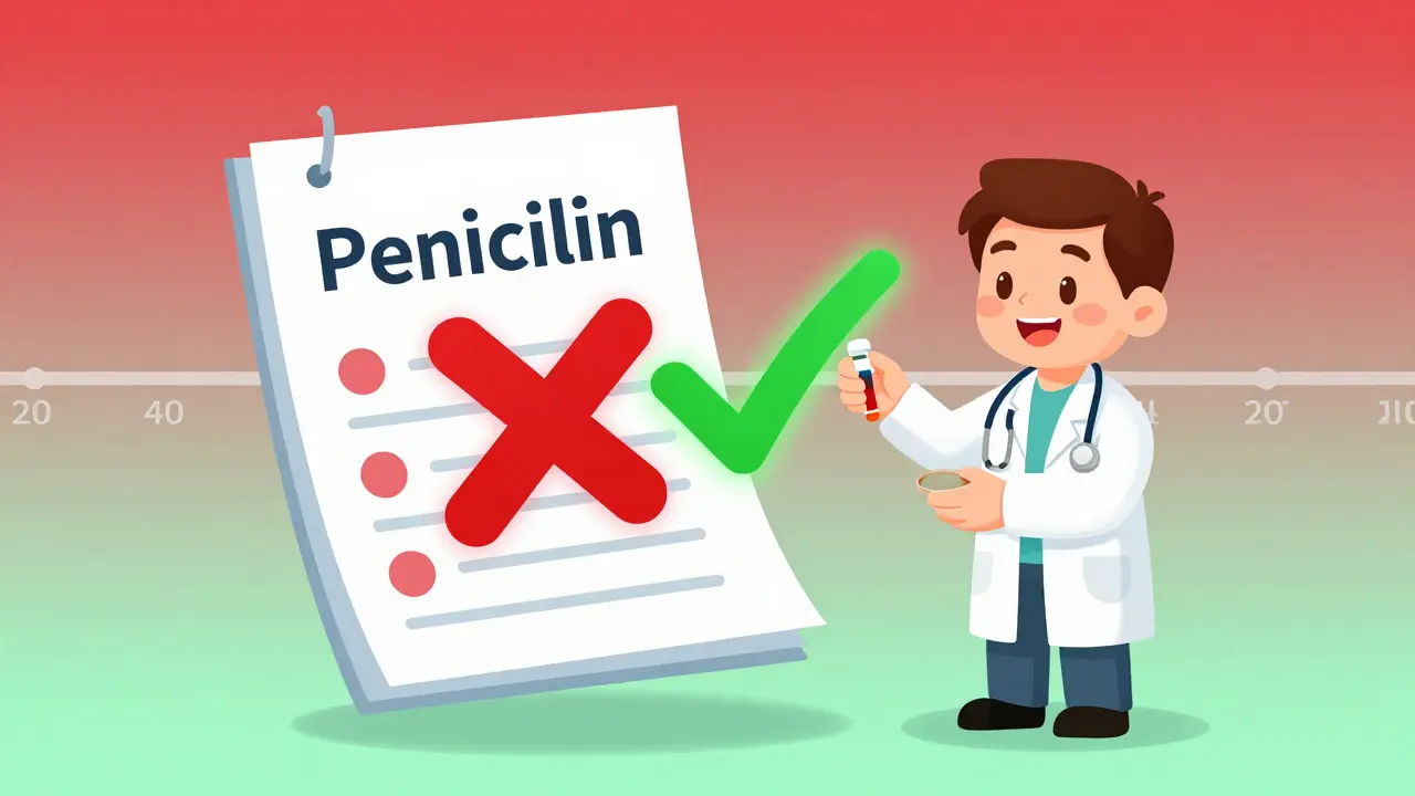 Medical chart with penicillin crossed out, then confirmed safe through allergist testing.