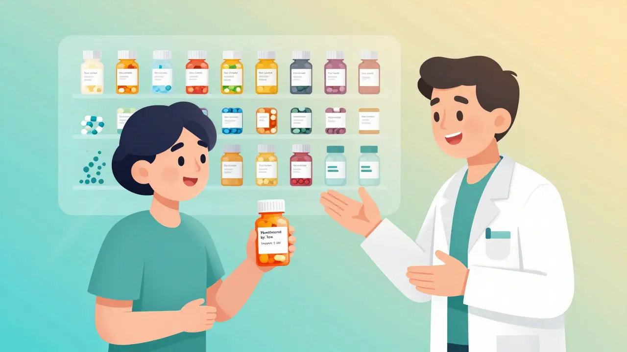 Patient and pharmacist chatting beside organized labeled pill bottles, symbolizing improved medication safety.