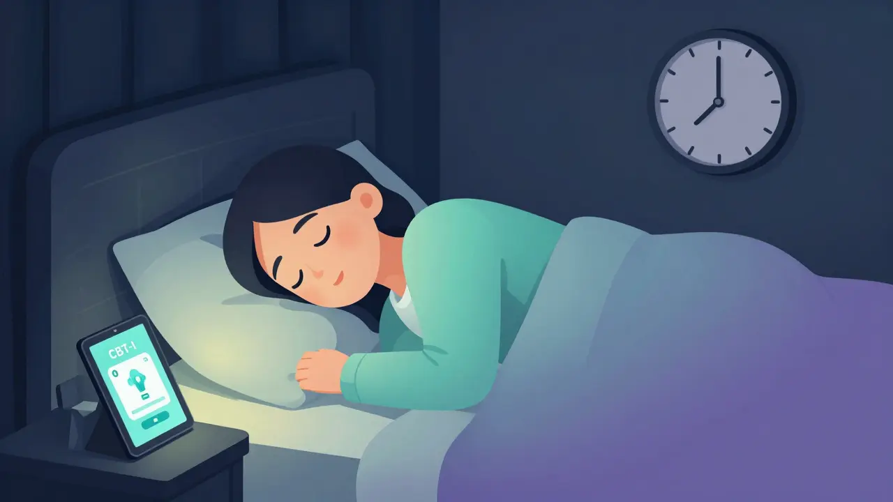 Person sleeping in dark room with abstract CBT-I app and clock.