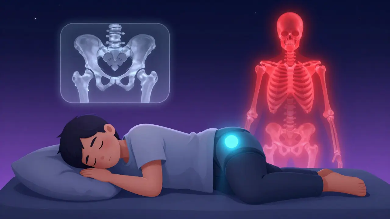 Person sleeping on side with pillow between knees, reducing hip pressure with glowing joint support.