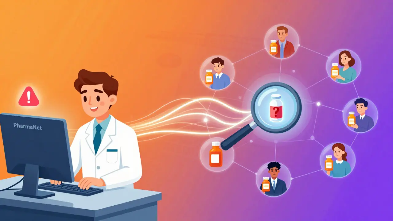 Pharmacist reporting adverse event to digital system as patient data flows into a national safety database.