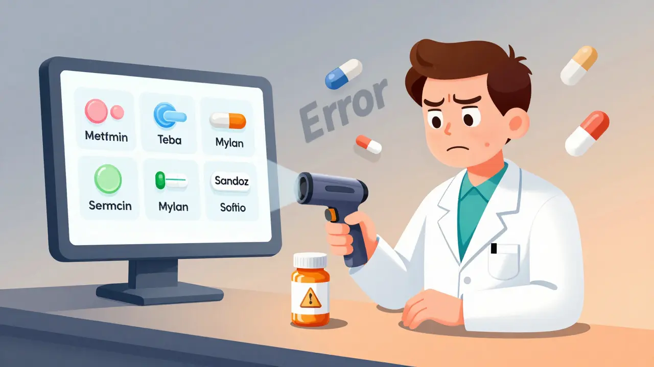 Pharmacist scanning a pill bottle while digital screens display multiple generic versions with warnings.