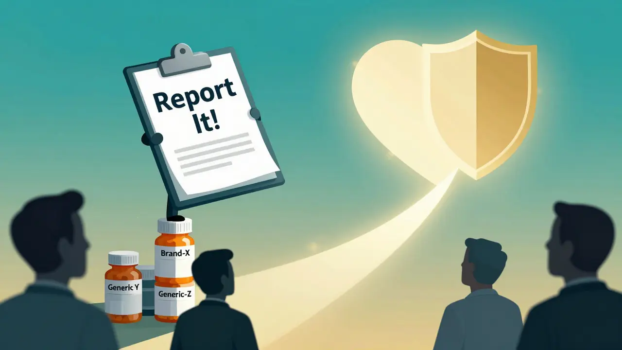 Pharmacist standing atop generic medication bottles, raising a report that forms a heart and shield above.