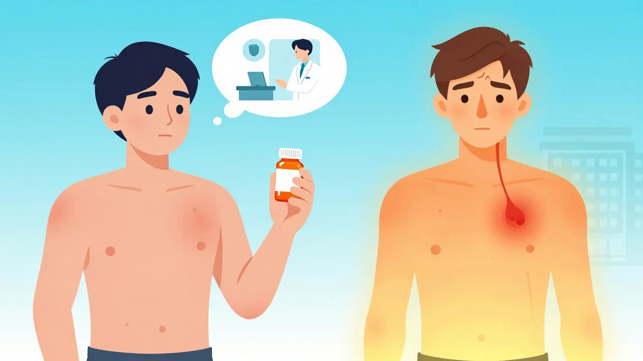 Split image of mild rash versus severe delayed reaction with fever and swollen lymph nodes.