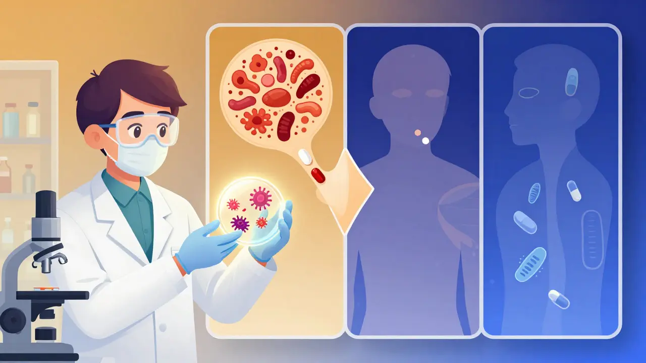 Two patients with different gut microbiomes affecting how the same heart medication is processed