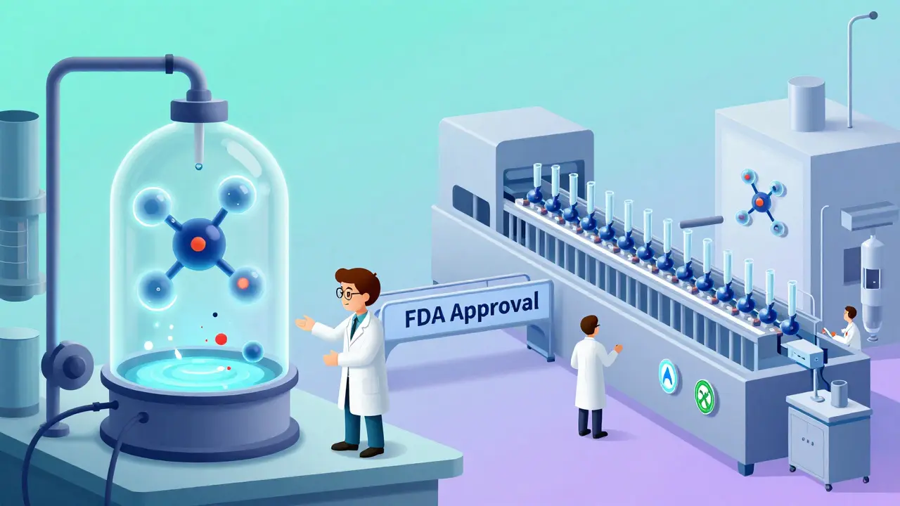 A laboratory split shows complex biologic production on one side and efficient biosimilar manufacturing on the other, connected by an FDA approval bridge.
