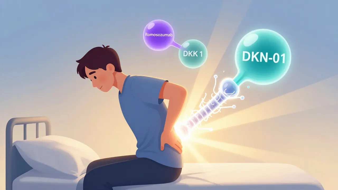 A patient experiencing pain as new bone regenerates above them, aided by targeted drugs, in gradient cartoon art style.