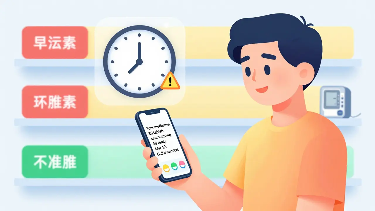 A patient receives a text alert about their partial prescription with color-coded risk shelves in the background.