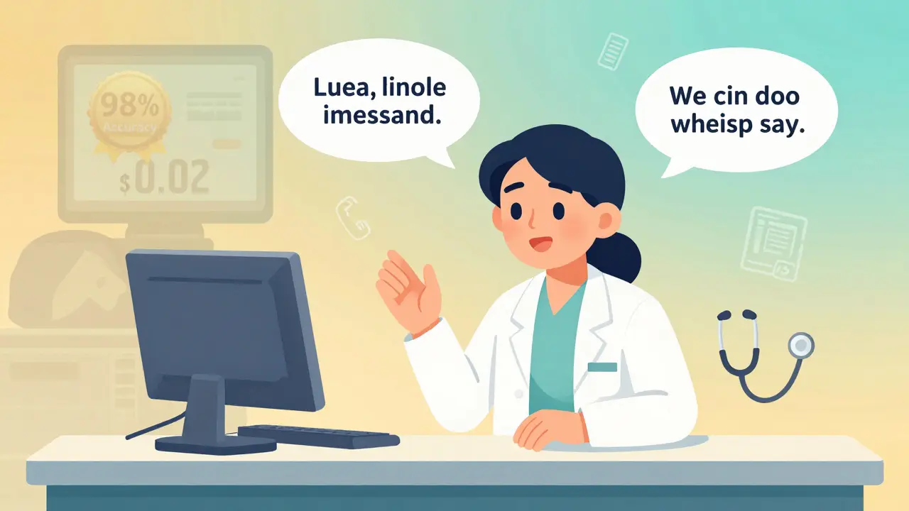 A patient speaks with a bilingual pharmacist who provides clear medication instructions, with a '98% Accuracy' badge glowing behind them.