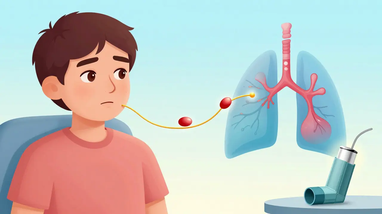 A patient undergoing aspirin desensitization therapy, with inflammation calming and airways opening under medical supervision.