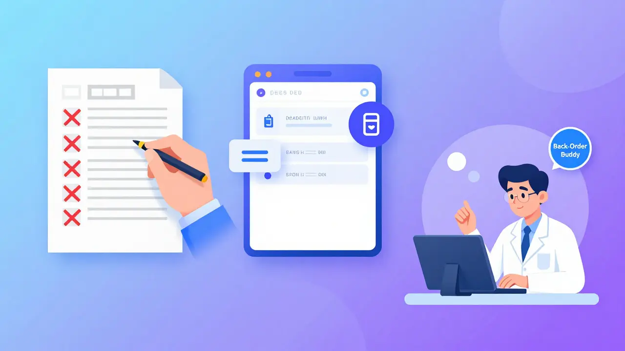 A pharmacy workflow comparing manual errors to digital alerts and team collaboration.