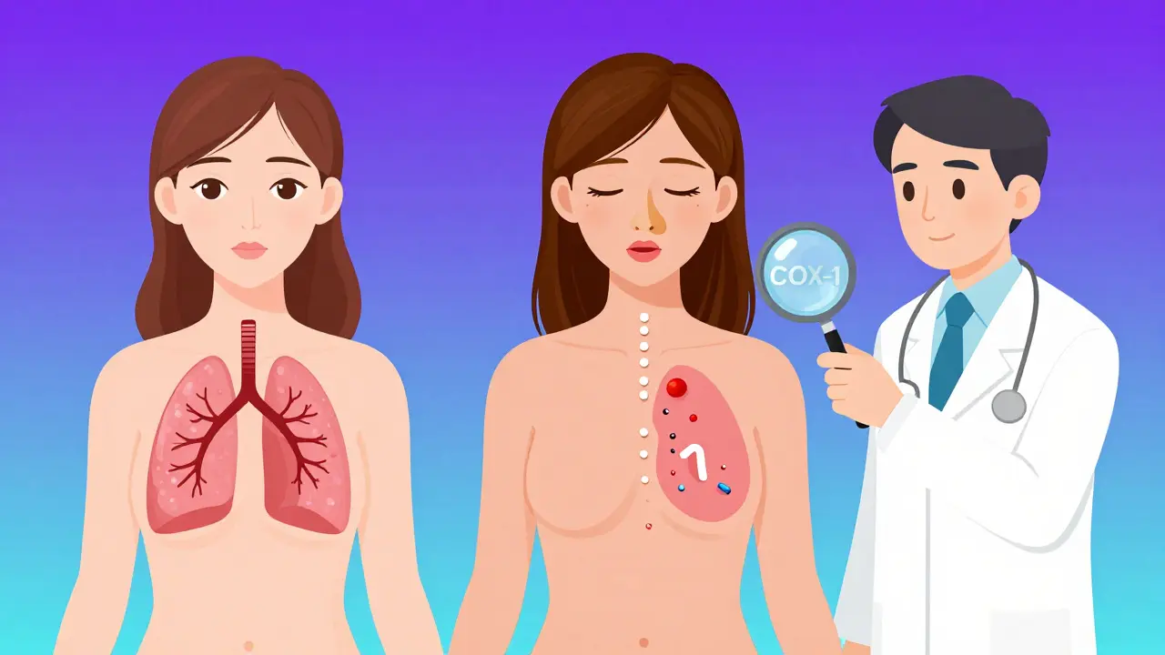 A woman's health journey showing how hidden NSAIDs worsen asthma and nasal polyps over time, with visual contrast between healthy and affected lungs.