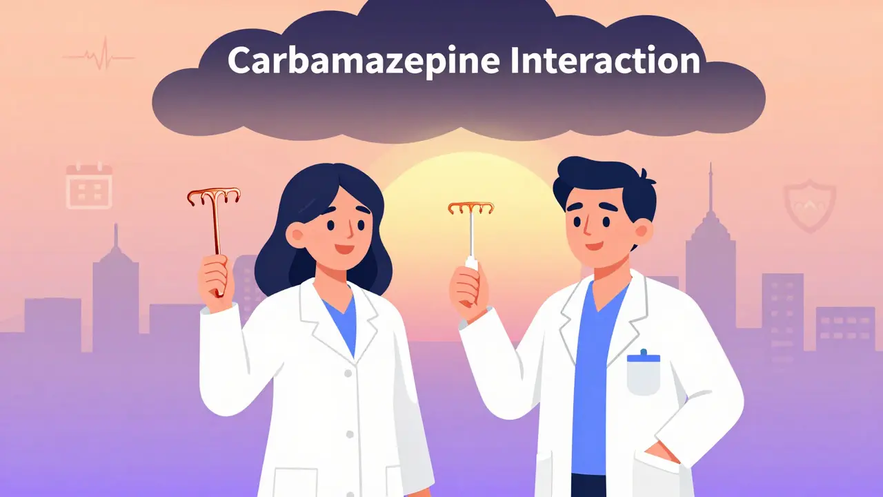 A woman empowered beside doctors holding an IUD and implant, as harmful interactions fade into sunrise.