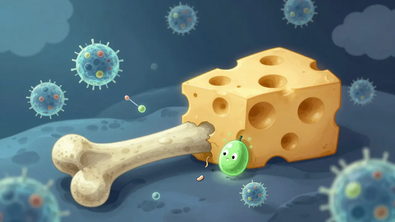 Bone with holes from myeloma, surrounded by signaling molecules suppressing bone growth, shown in gradient illustration style.