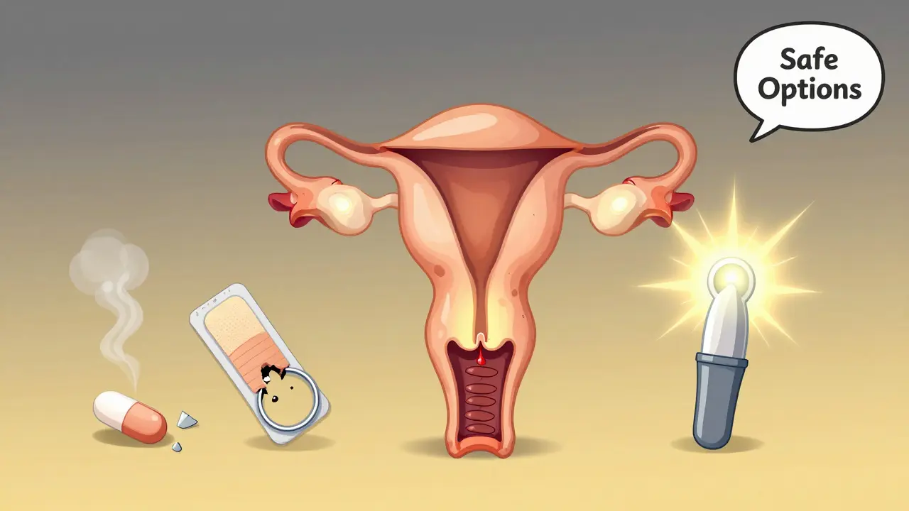 Broken hormonal contraceptives fading away while IUDs and implants glow with safety, showing reliable alternatives.