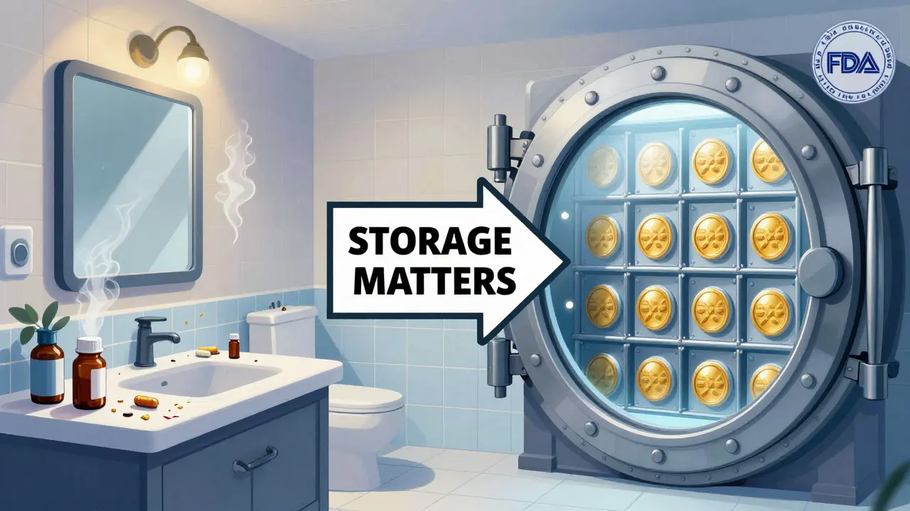 Contrast between a messy home bathroom with expired pills and a climate-controlled vault where drugs retain potency.