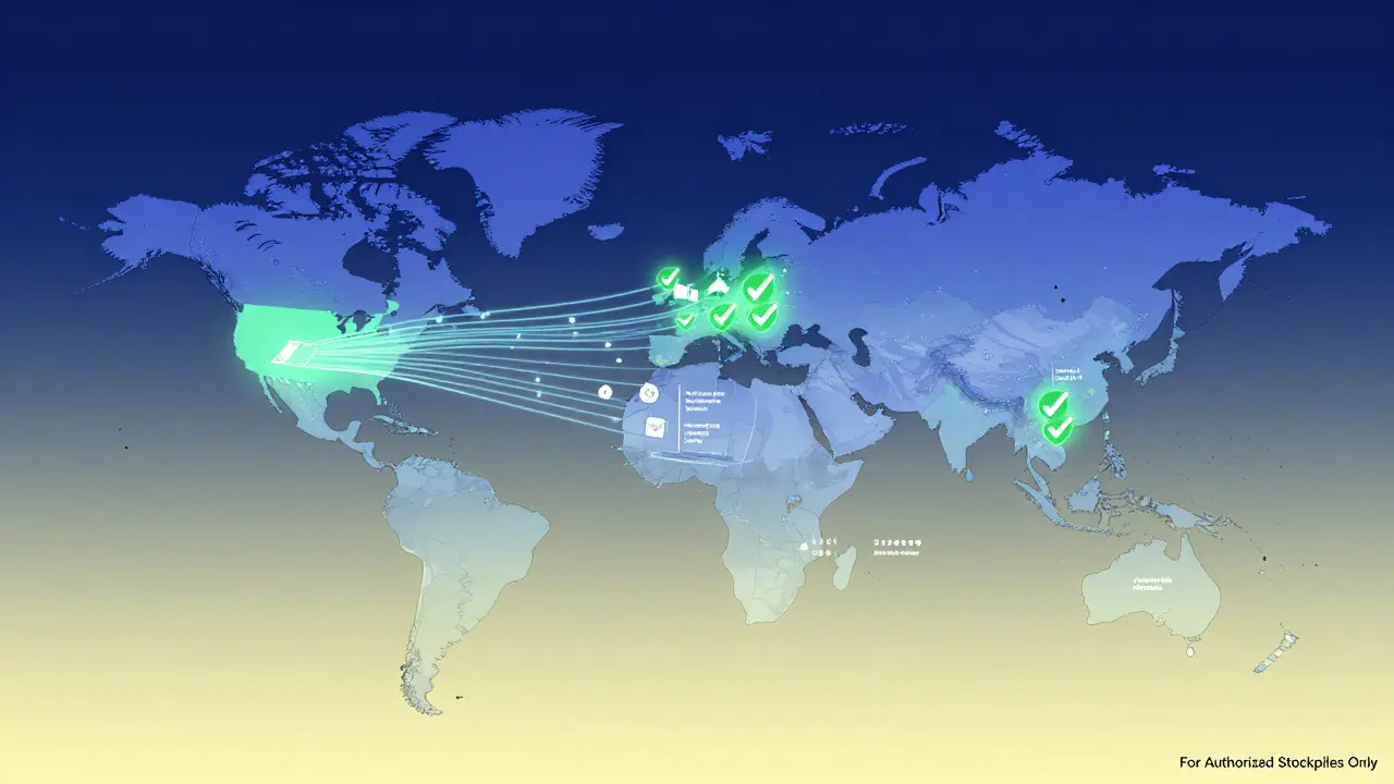 Global map showing data streams from U.S. stockpiles to NATO allies, with AI predicting drug shelf-life extensions.