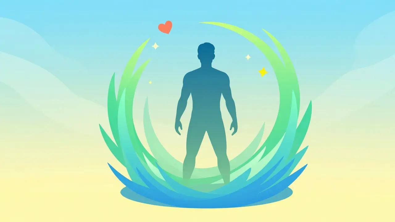 Healthy person protected by wellness energy shields