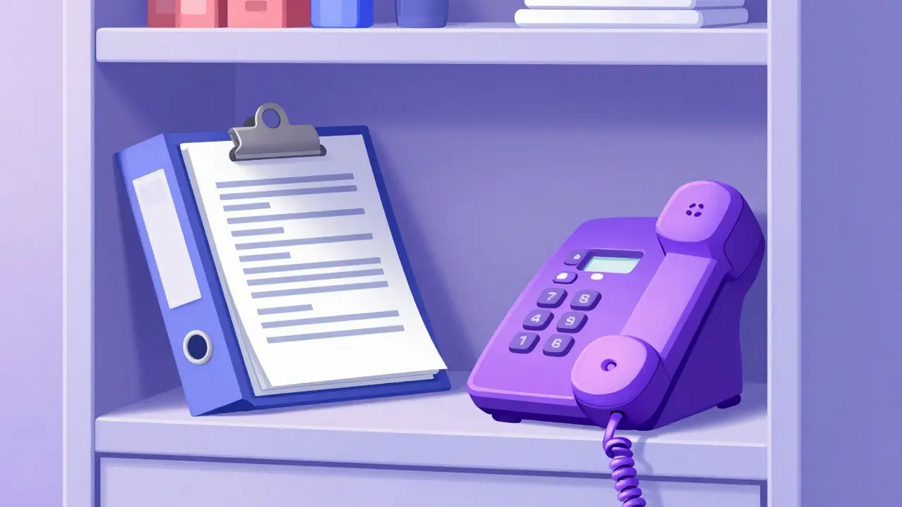 Organized shelf with medicine binder and telephone nearby.